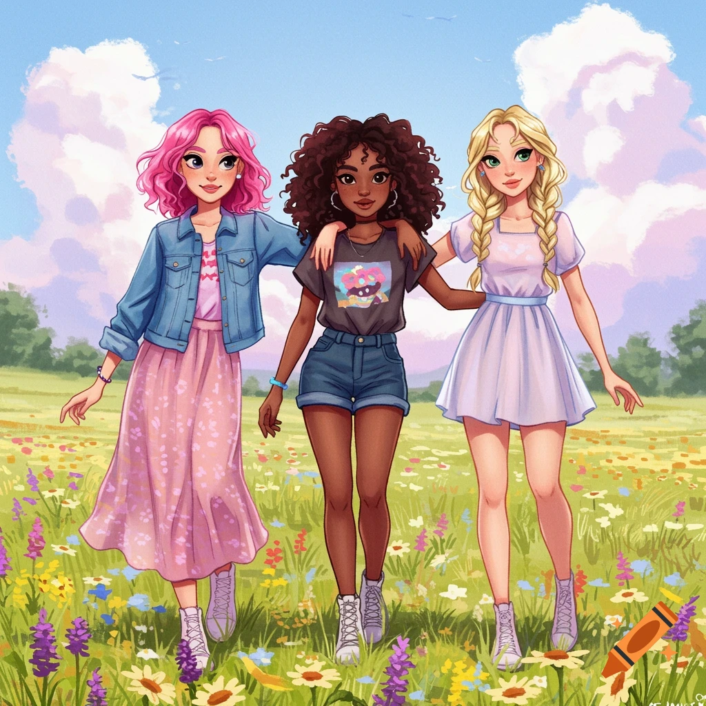 Three diverse young women with unique hairstyles and outfits are walking through a flower-filled meadow.