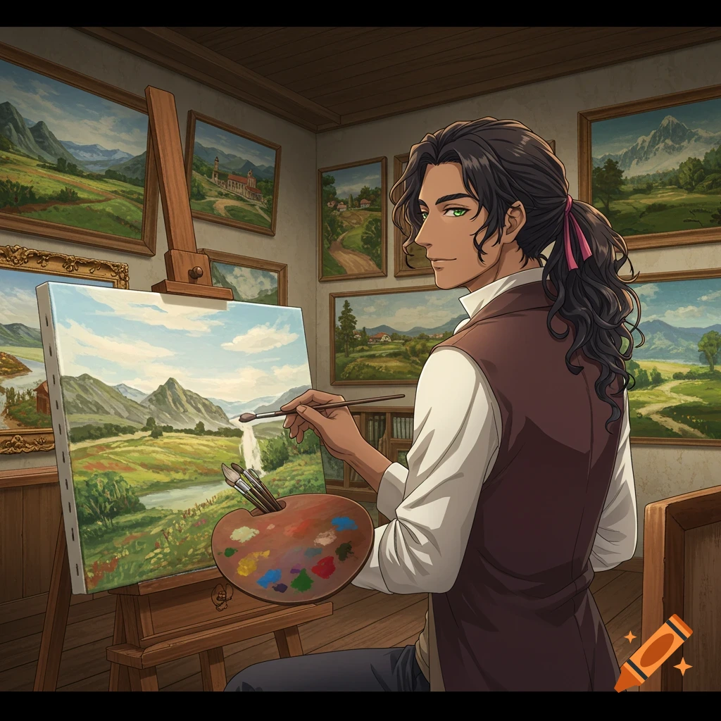 Anime man painting a landscape on an easel in an art studio.