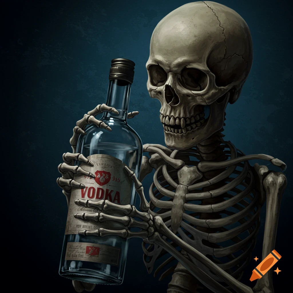 A skeleton holding a vodka bottle.