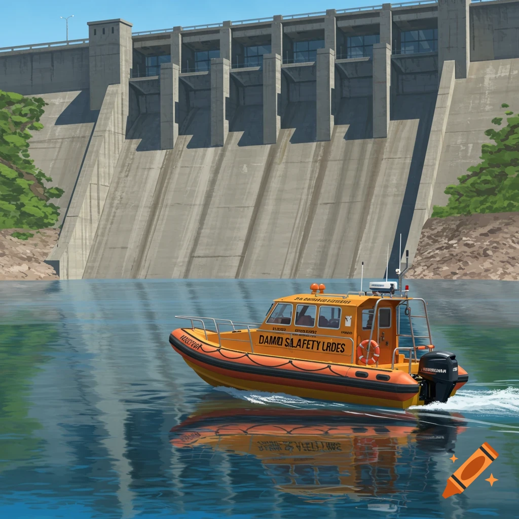 An orange and black safety boat is on the water in front of a large concrete dam.