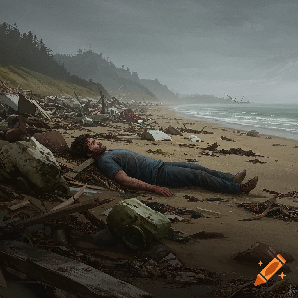 Man lying on debris-strewn beach under cloudy sky
