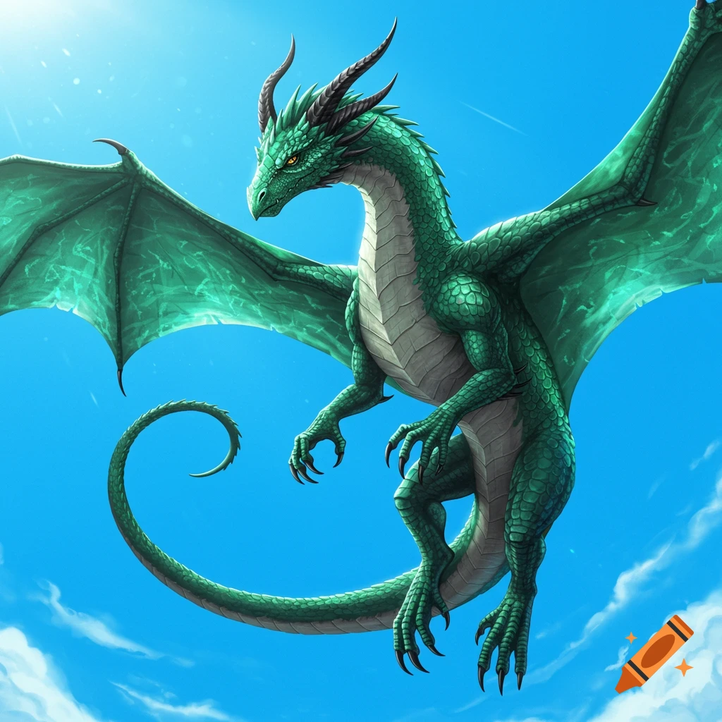 A green dragon flies in a blue sky.