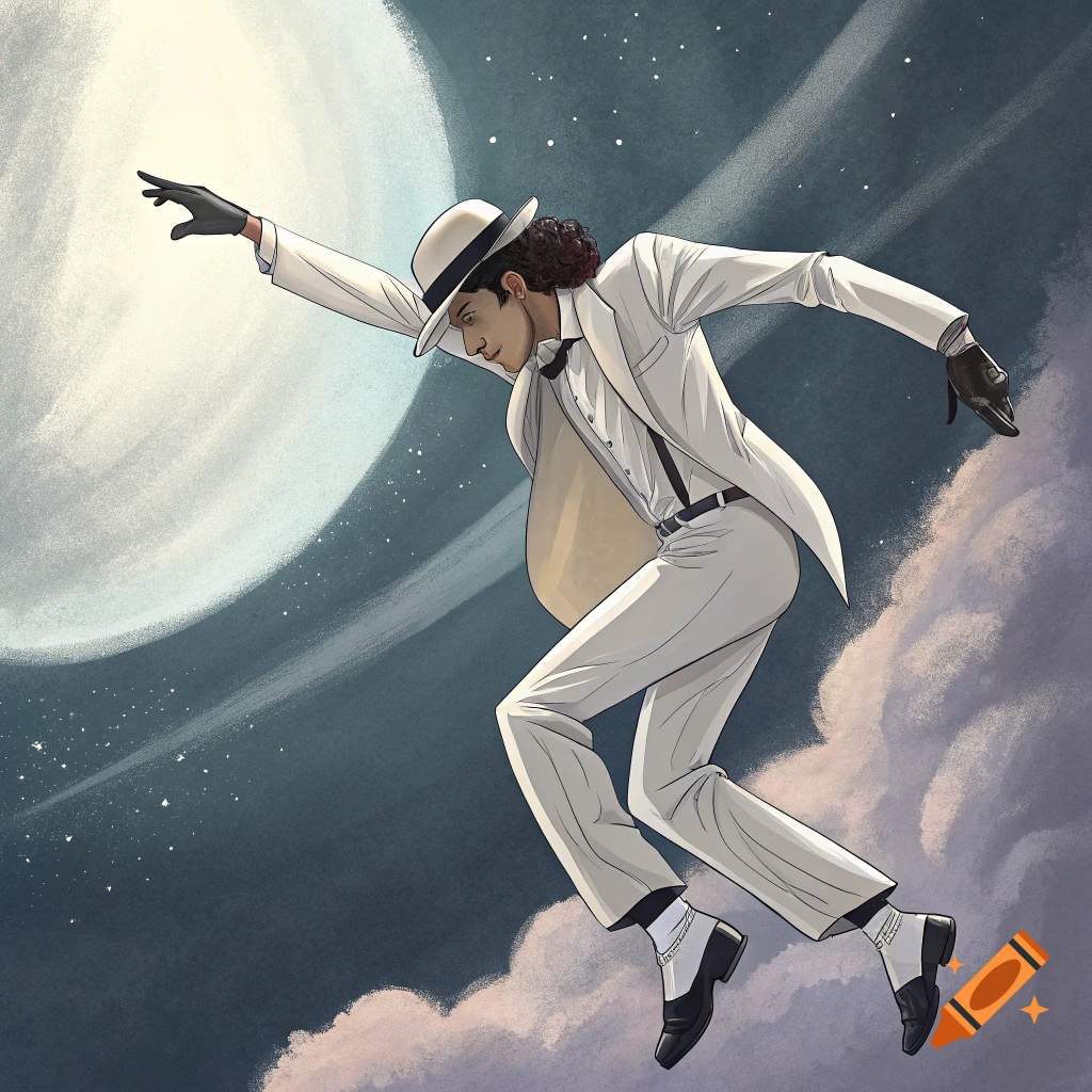 A stylized illustration of Michael Jackson in a white suit and fedora flying against a starry night sky with a large moon and clouds.