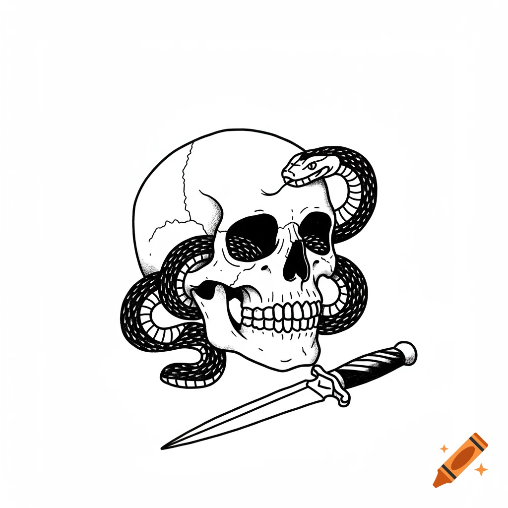 Black and white illustration of a skull with a snake wrapped around it and a knife below it.