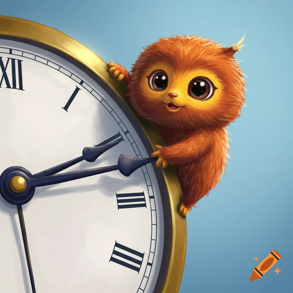 A cute orange furry creature holds onto the hands of a large clock with Roman numerals