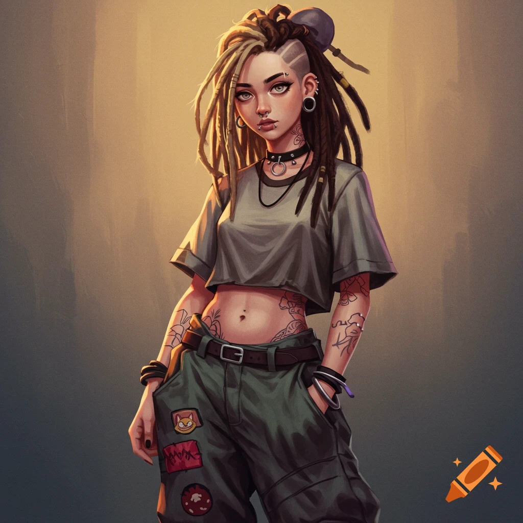 A young woman with dreads, shaved side, tattoos, and piercings. She wears a crop top and baggy pants.