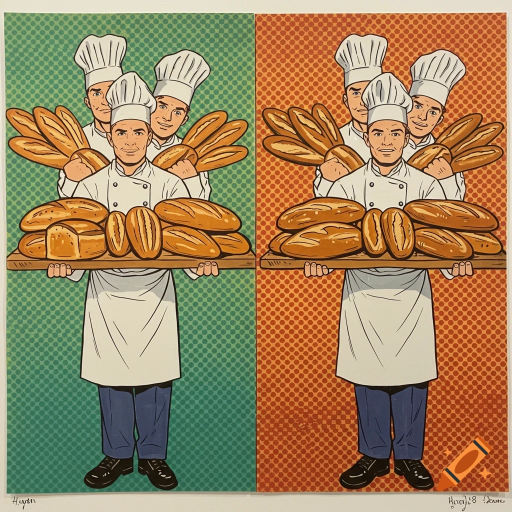 Pop art illustration of bakers holding trays of bread against green and orange dotted backgrounds.