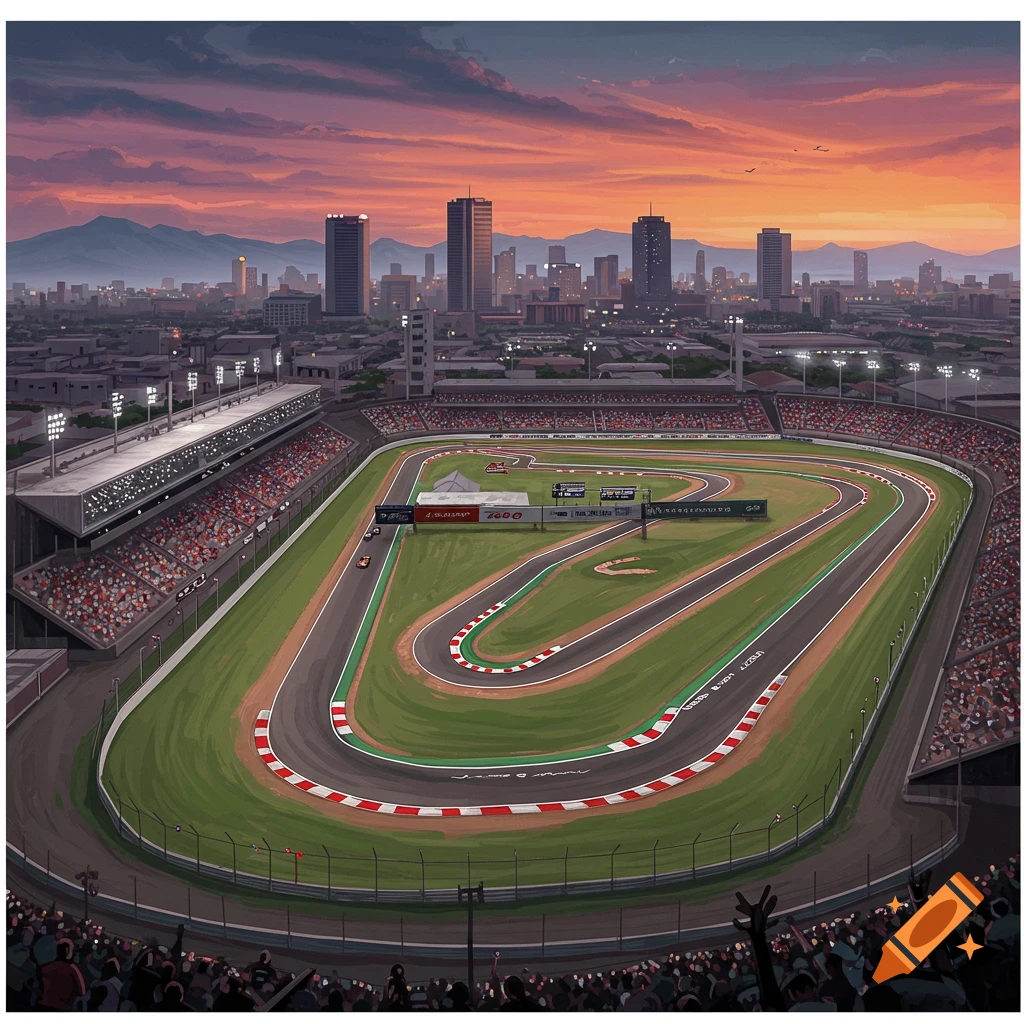 A racetrack with a city skyline in the background under a sunset sky.