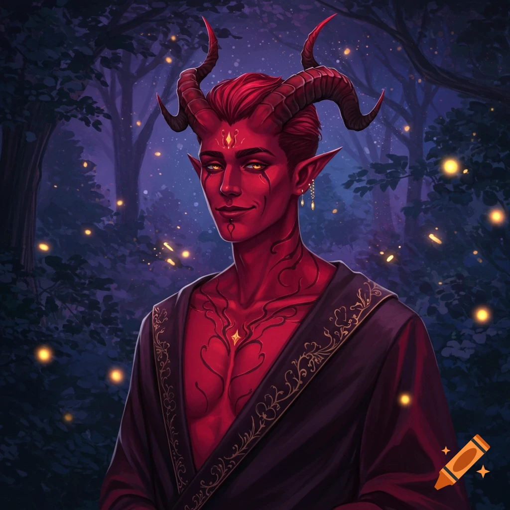 A red-skinned demon with horns and glowing eyes, wearing a dark robe in a twilight forest with fireflies.