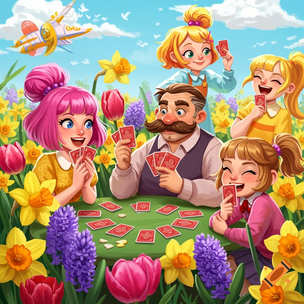 Cartoon family playing cards in a vibrant spring flower field with daffodils, tulips, and hyacinths.