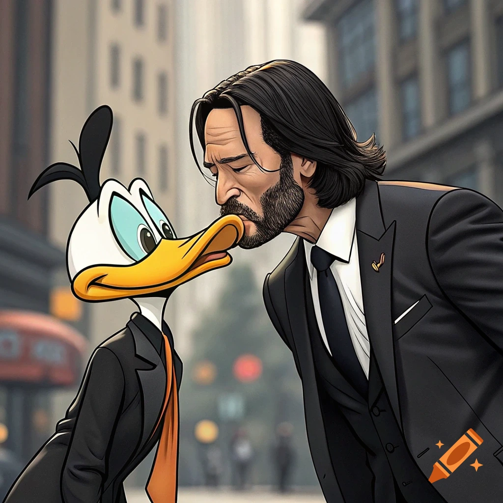 Cartoon character Daffy Duck kissing John Wick on a city street.
