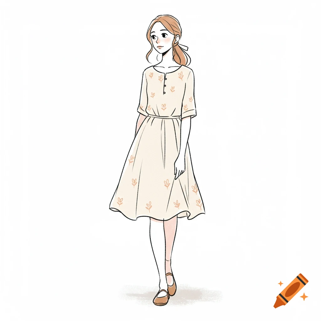 A sketch illustration of a woman standing in a patterned dress.