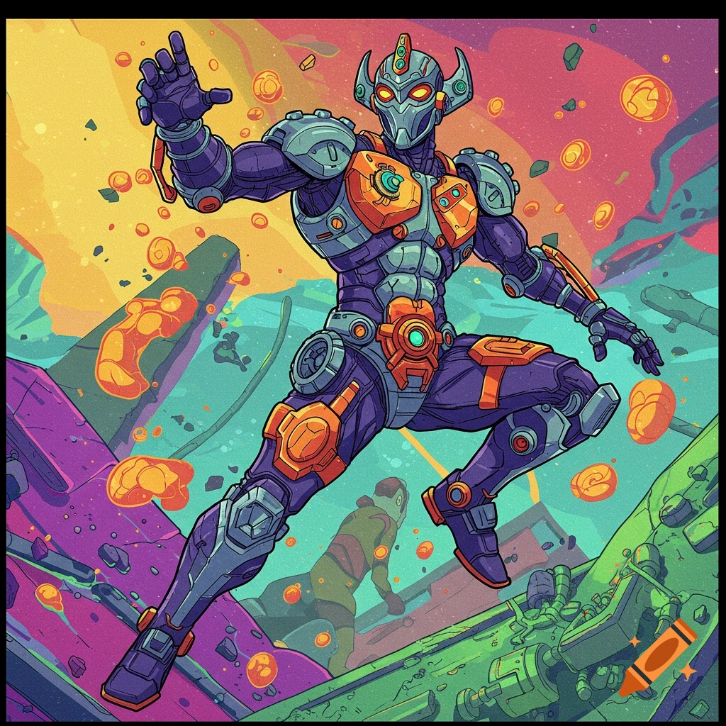 Stylized robot character in purple and orange armor leaping in a colorful abstract sci-fi scene.