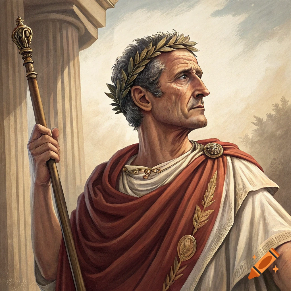 Portrait of Julius Caesar holding a staff, wearing a toga and laurel wreath.