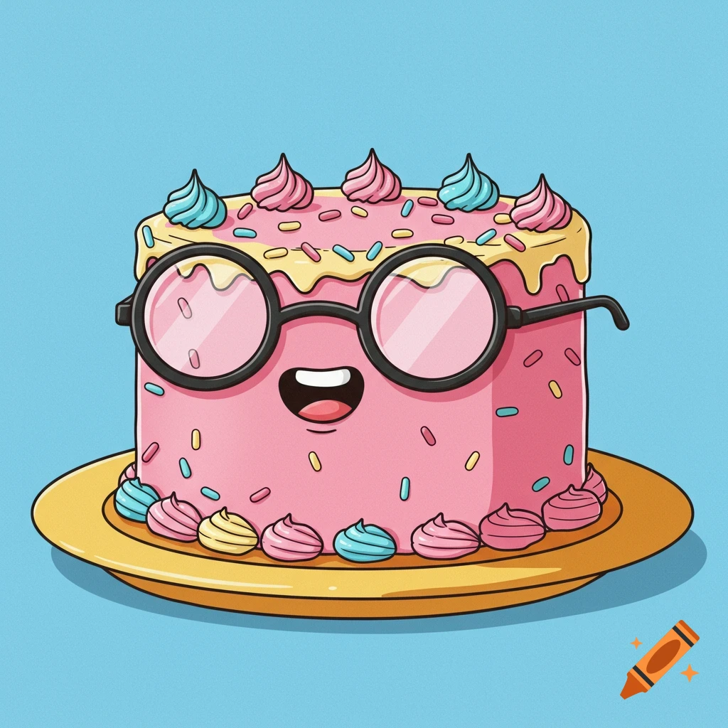 Cartoon illustration of a pink cake with sprinkles, frosting, and meringue swirls, wearing black-rimmed glasses on a yellow plate.