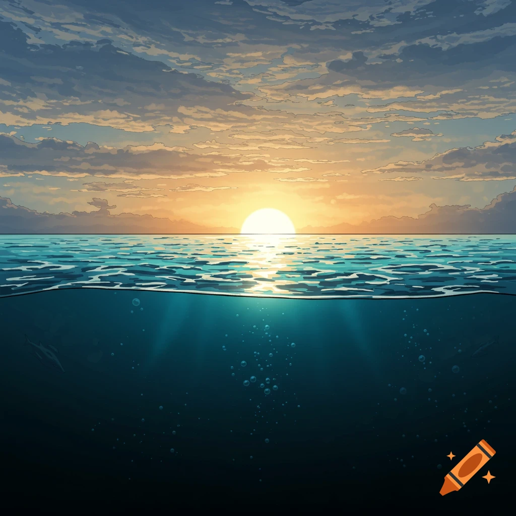 Illustration of split seascape at sunset, showing sky, sun on horizon, water surface, and underwater view.