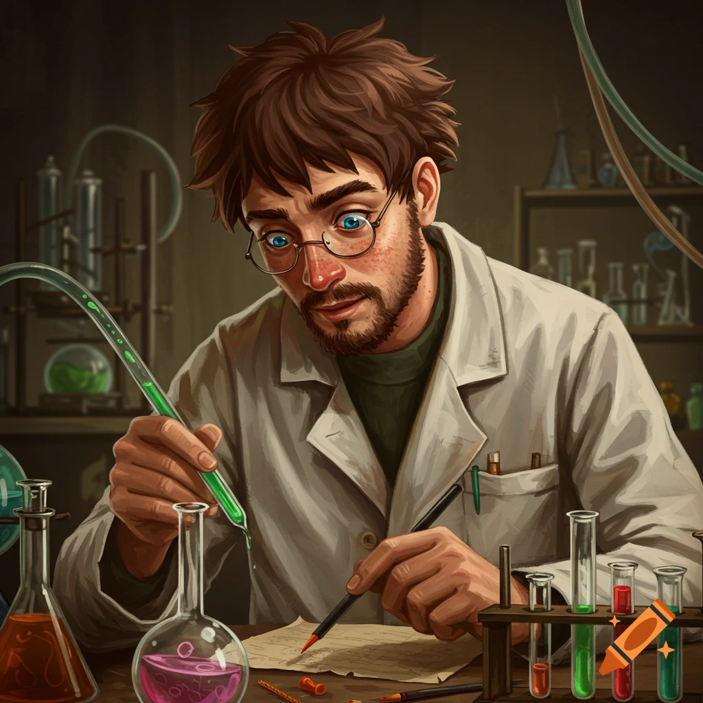 A male scientist with glasses and a beard works at a desk in a laboratory, holding a beaker and writing.
