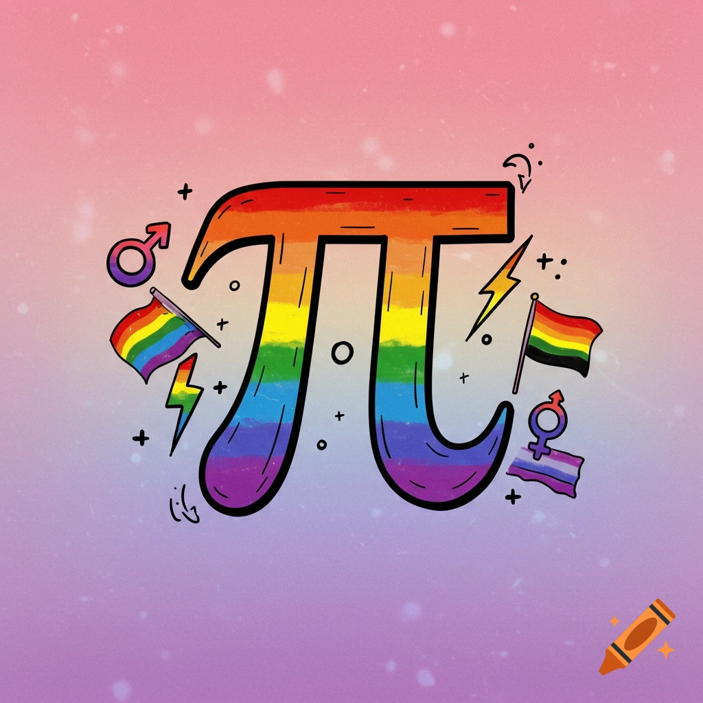 Rainbow colored Pi symbol with Pride flags and gender symbols on a gradient background, digital illustration