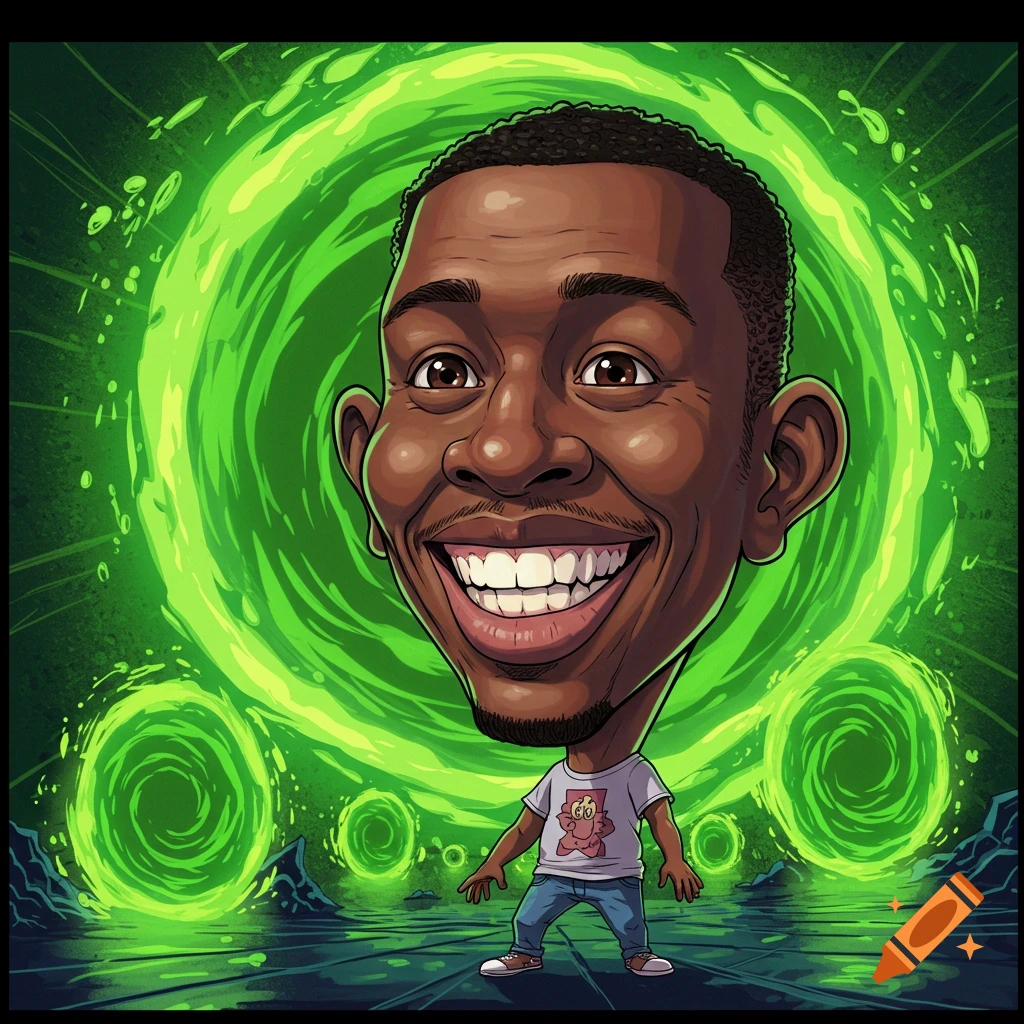 Cartoon caricature of a man with a large head standing in front of green portals.
