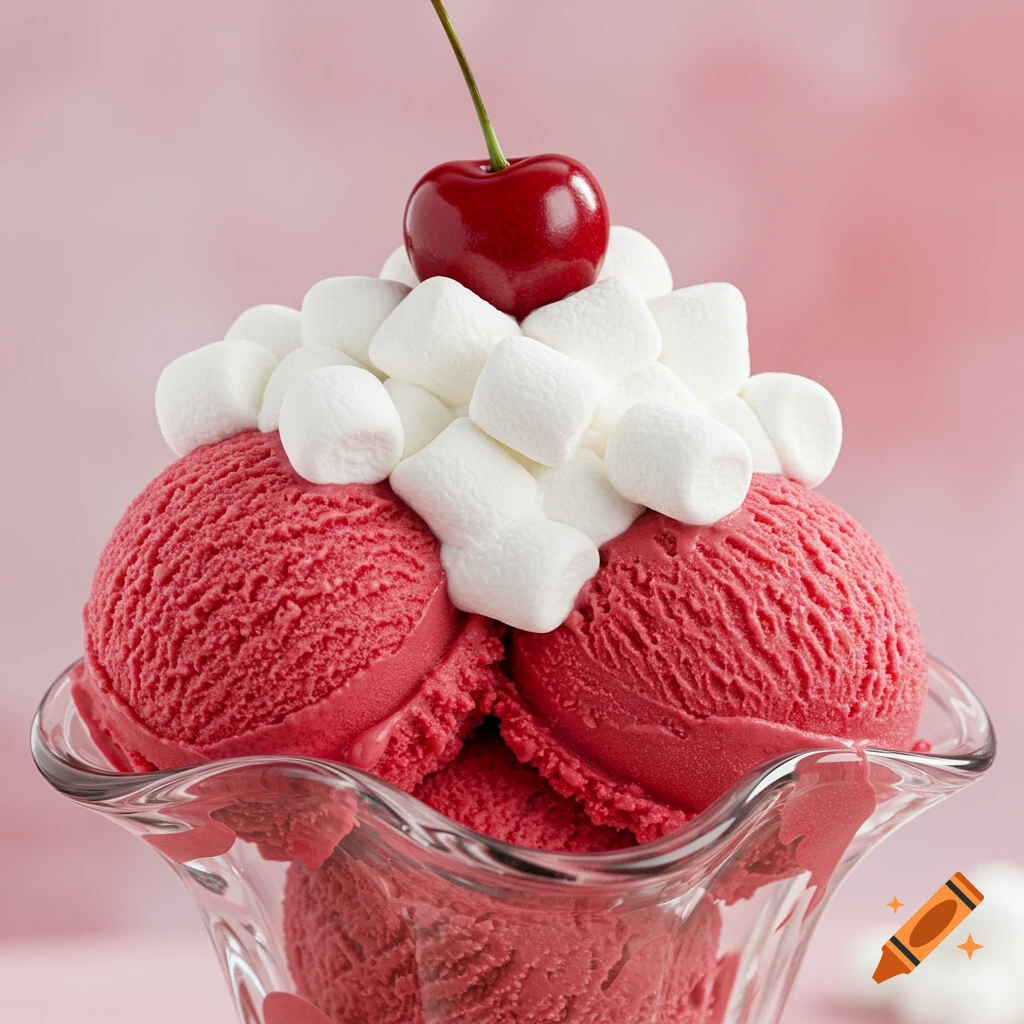 Photorealistic cherry ice cream sundae with marshmallows and a cherry on top