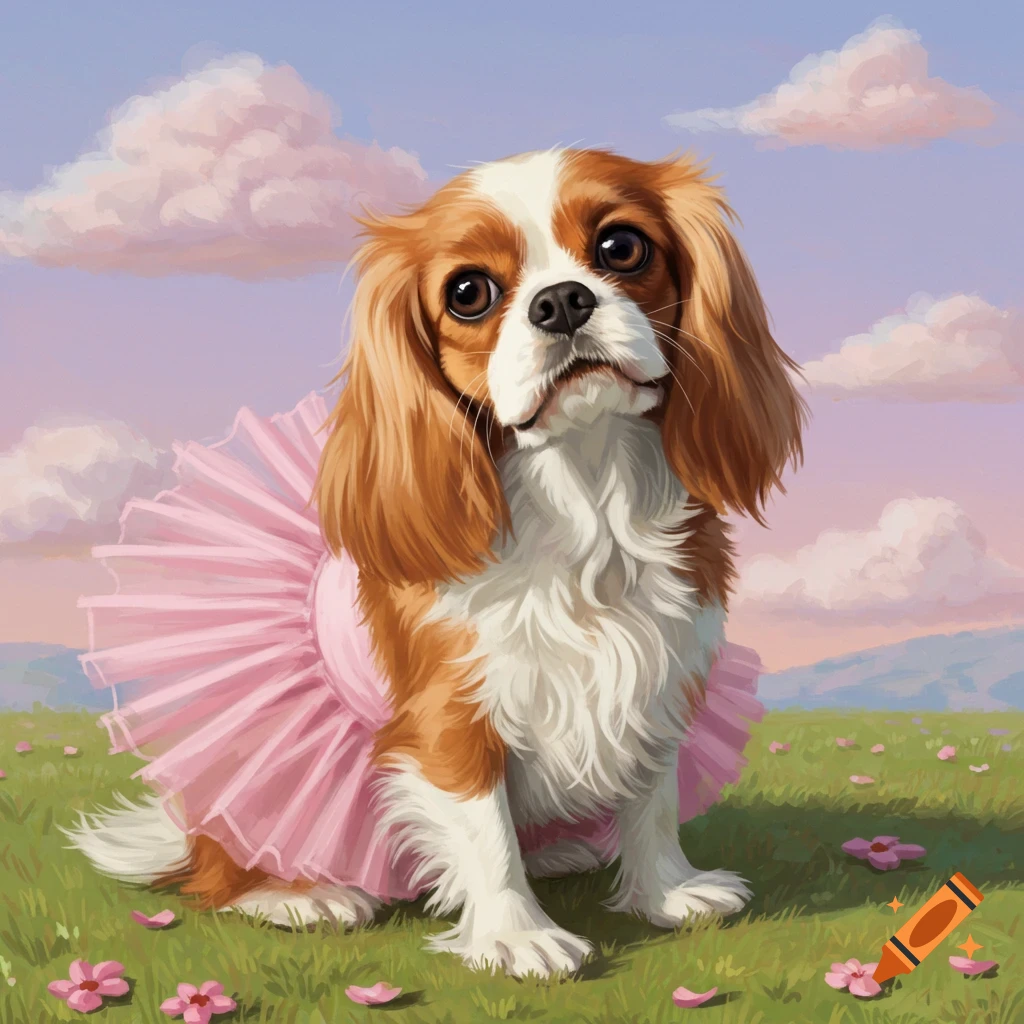A Cavalier King Charles Spaniel dog wearing a pink tutu in a field.