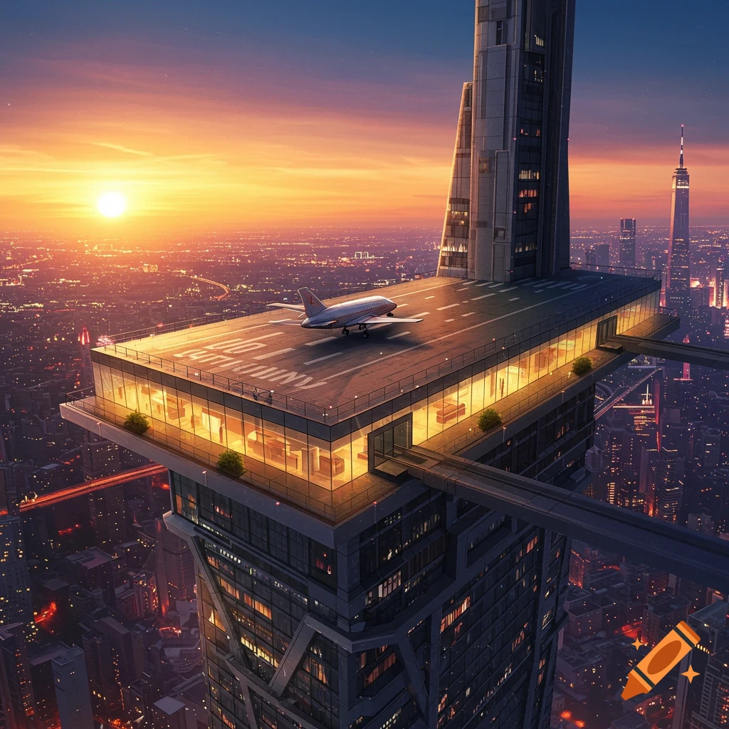 A skyscraper with a runway on top, a plane, and a city skyline at sunset.
