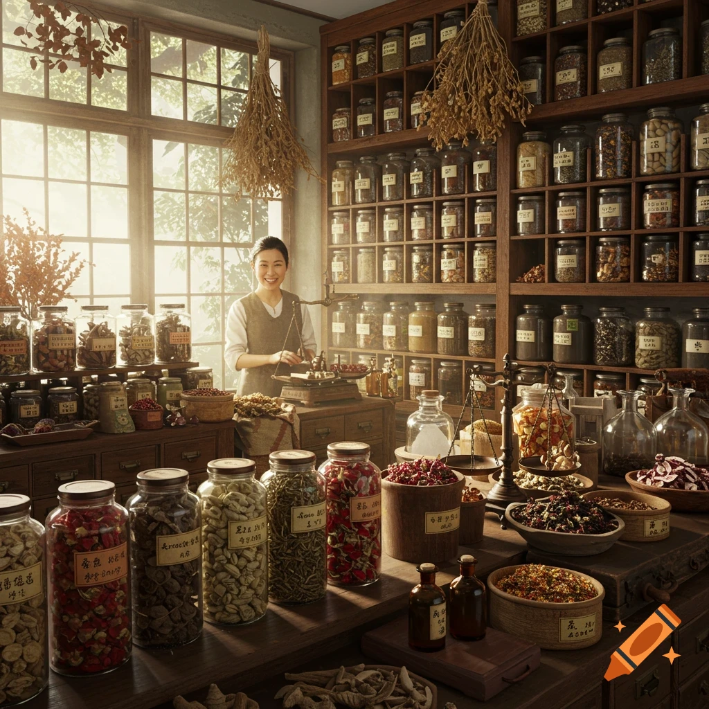 A smiling woman stands behind a counter filled with jars of herbs, dried goods, and scales in a traditional herbal shop.