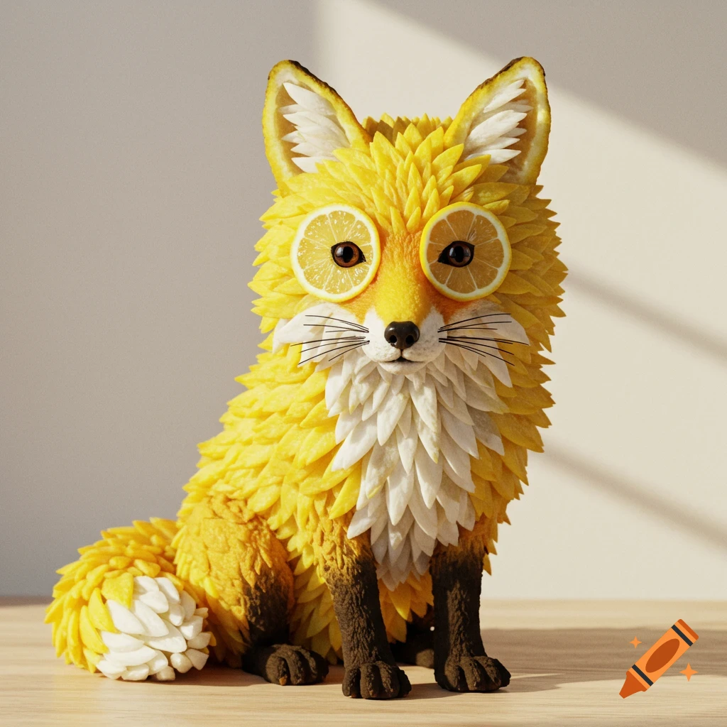A fox sculpture made of lemon parts sits on a wooden table.