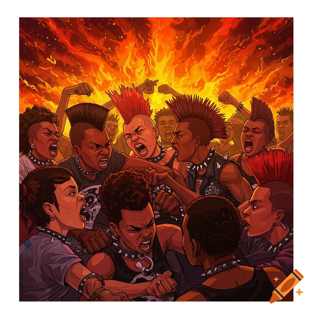 Chaotic scene of a punk rock mosh pit with people with mohawks and a fiery background.