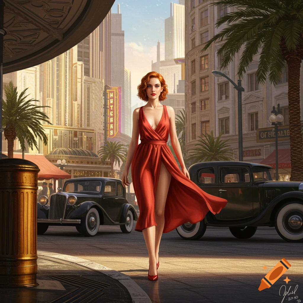 A woman in a red dress is walking down a city street lined with vintage cars.
