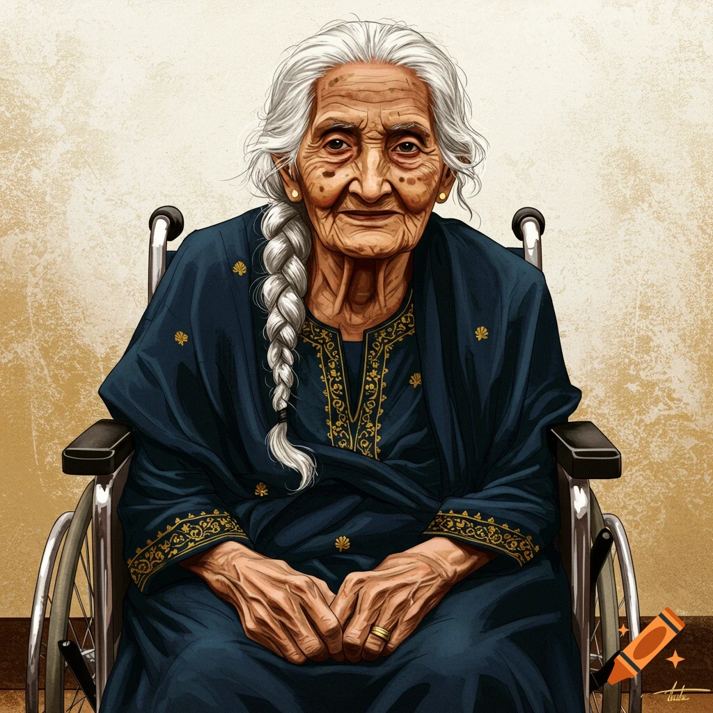 An elderly woman in a wheelchair, wearing a blue embroidered garment.