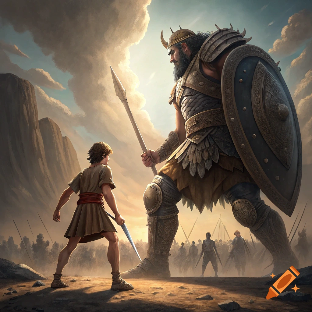 A small figure confronts a giant warrior with a spear and shield in a battle scene.