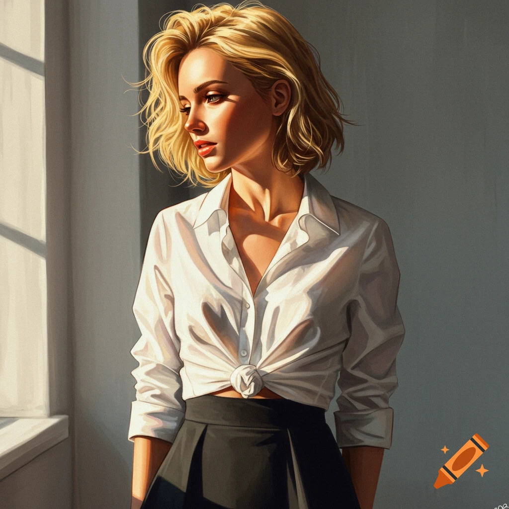 A woman with short blond hair in a white shirt and black skirt, looking away in sunlight.