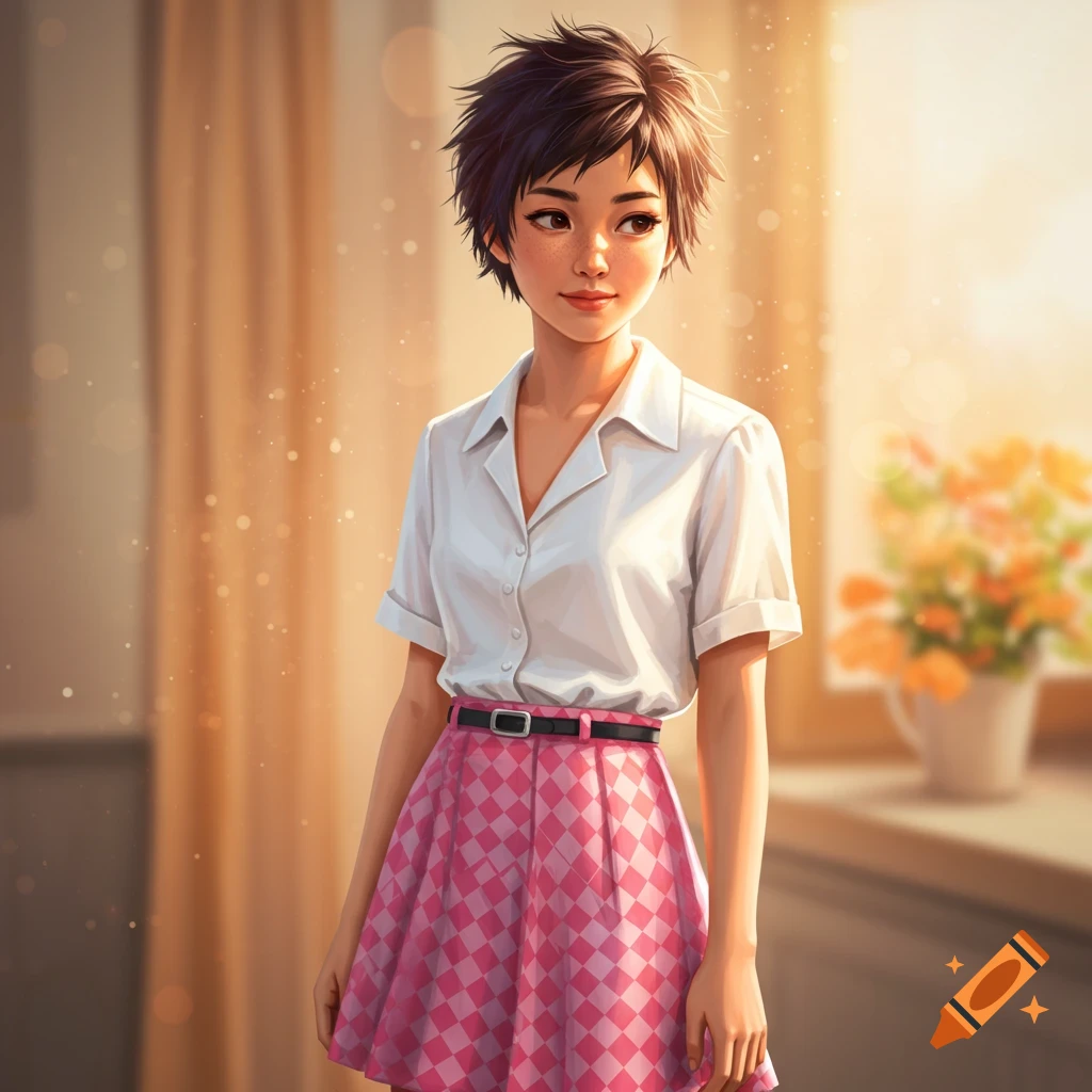 A woman with short dark hair wears a white blouse and a pink checkered skirt, standing by a window.