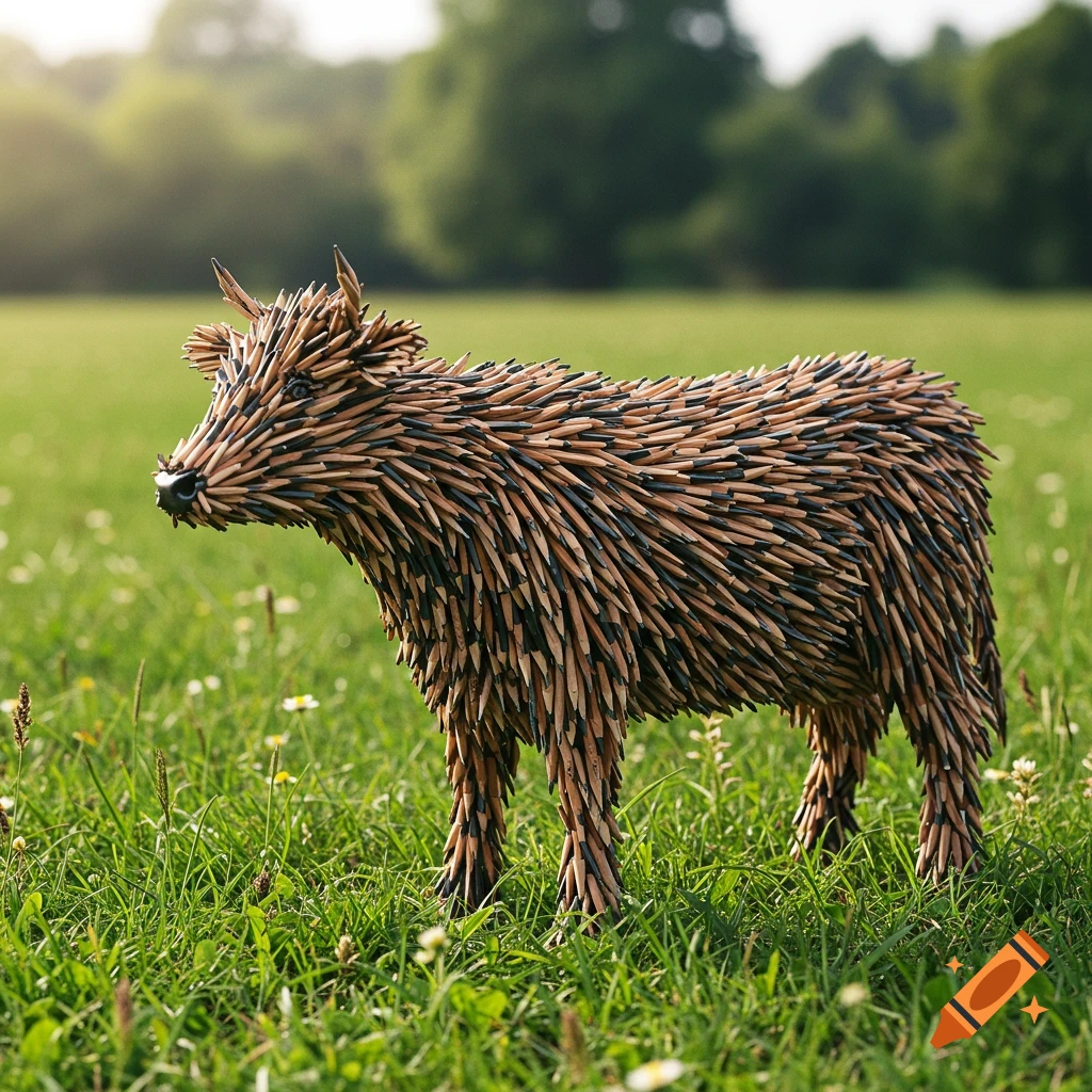 A sculpture of a cow made from pencils stands in a grassy field.