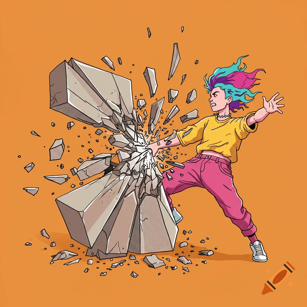 A stylized illustration of a person with colorful hair breaking a large geometric structure.