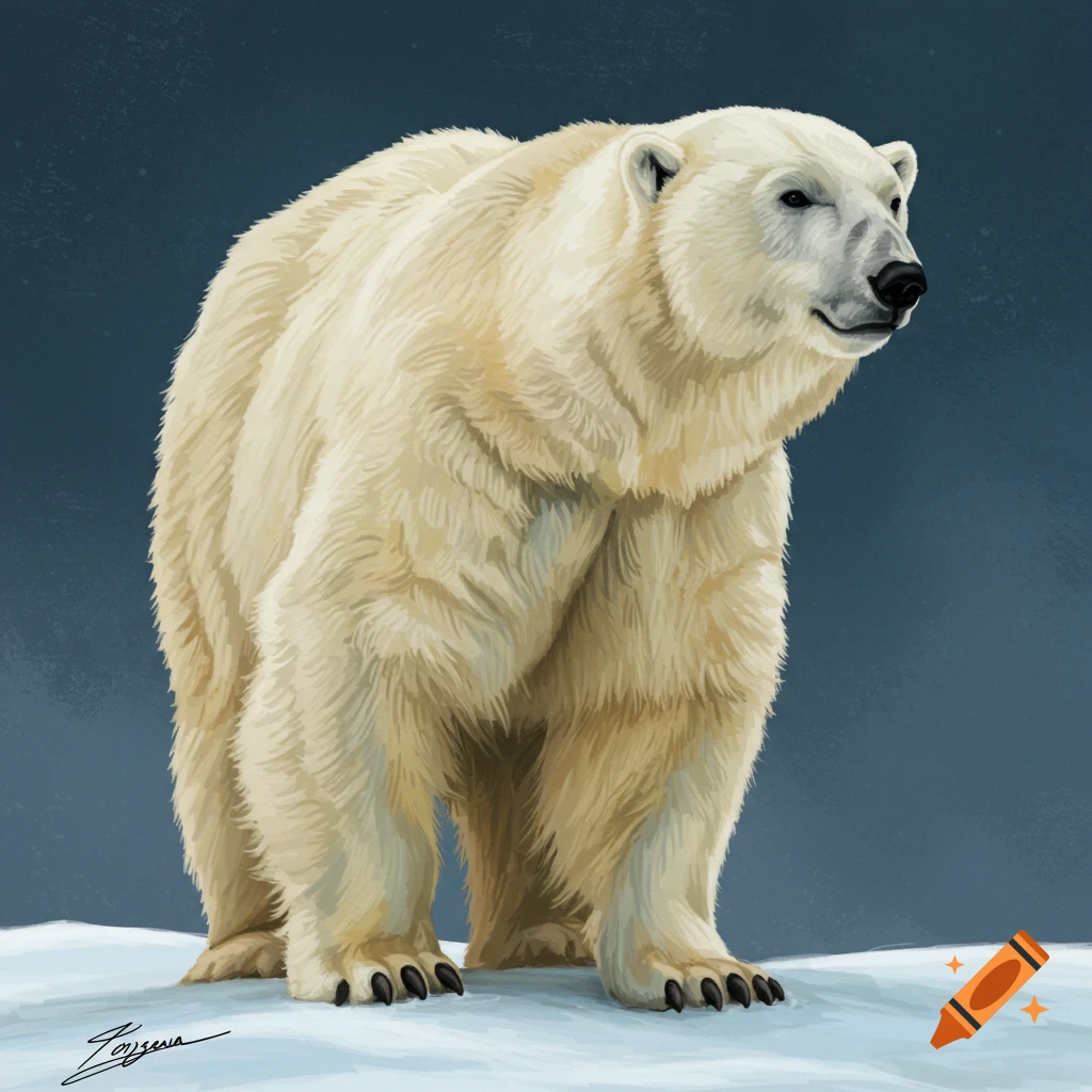 A polar bear is standing on snow.
