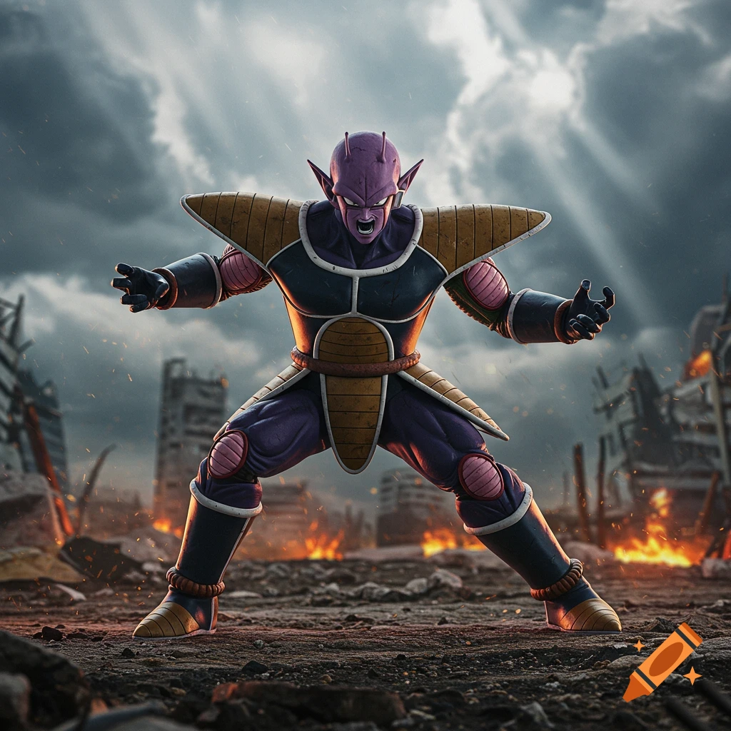 A purple alien character in battle armor stands aggressively in a destroyed city with fires.