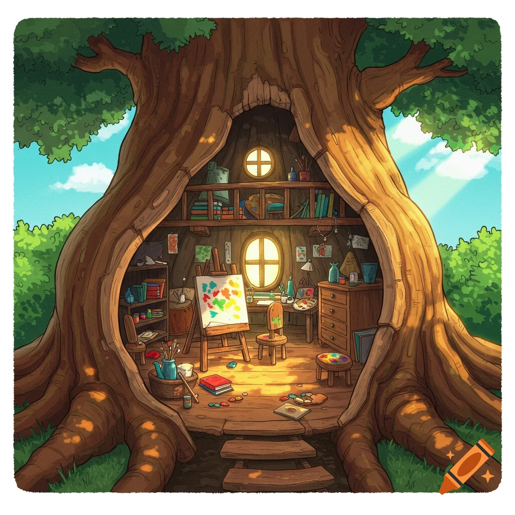 Illustration of an art studio inside a hollow tree trunk with shelves, easel, desk, and art supplies.