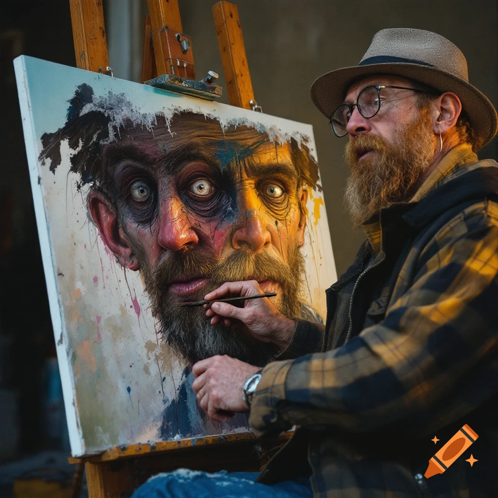 A man wearing a hat and glasses paints a portrait of a stylized face on a canvas.