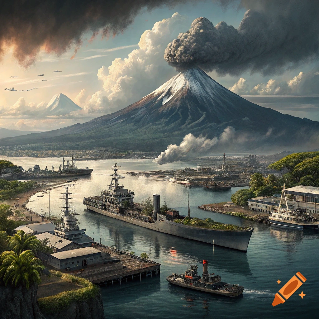Ships in a harbor with a large erupting volcano and mountains in the background.