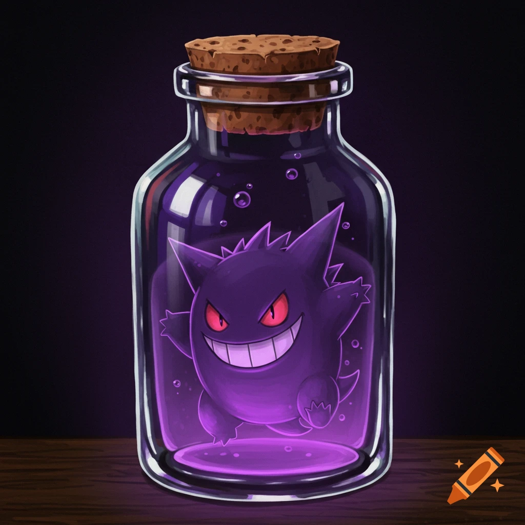 A purple Gengar inside a glass jar.