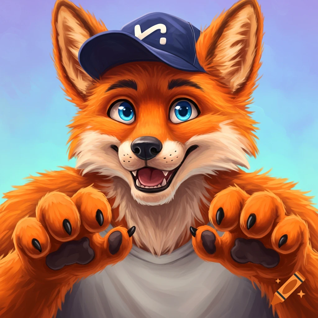 A happy orange anthropomorphic fox in a blue baseball cap reaching out paws.