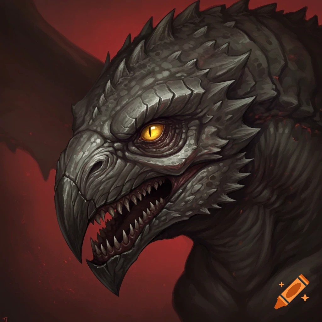A dark fantasy creature head with a beak, sharp teeth, and yellow eyes