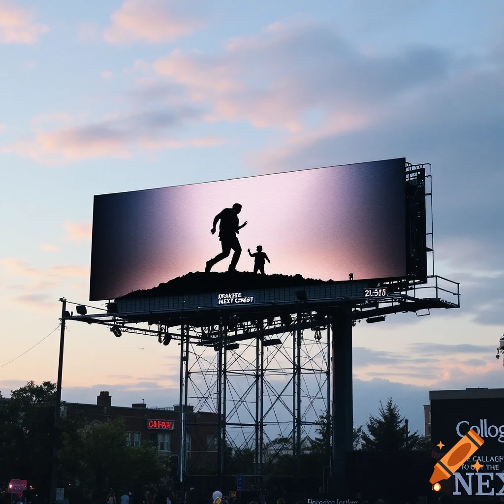 A large urban billboard at sunset shows a silhouette image of a man and child running uphill.