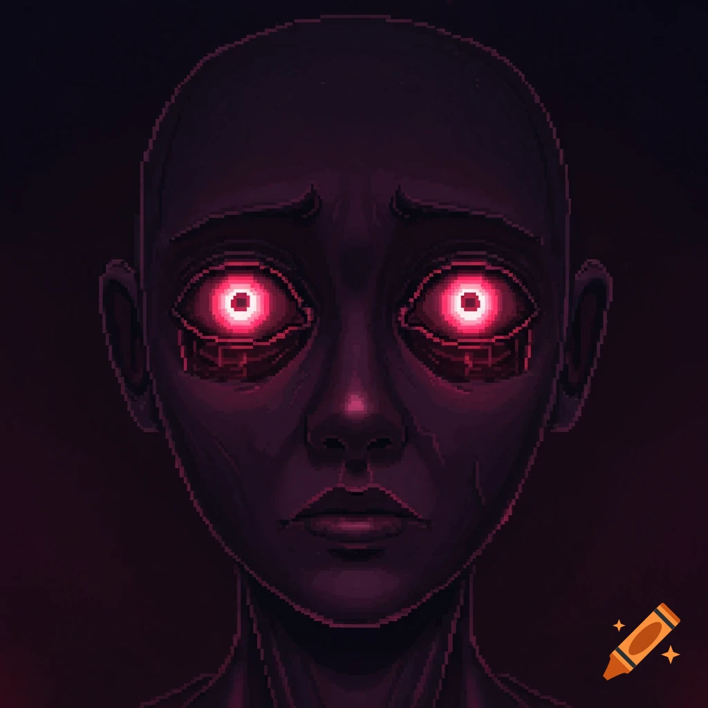 Pixel art portrait of a person with glowing red eyes.