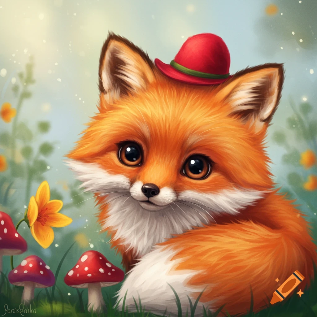 A cute fox wearing a red hat sits among mushrooms and flowers in a forest.