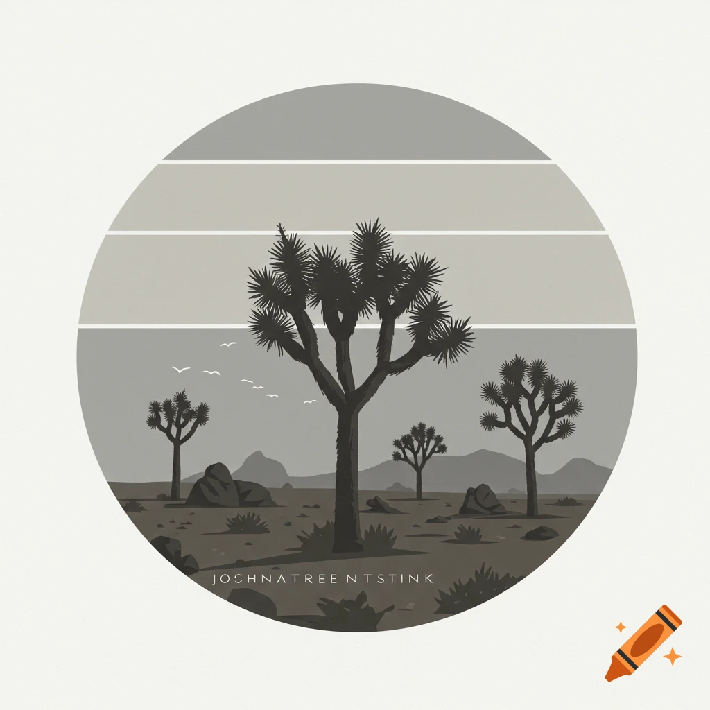 A minimalist illustration of Joshua trees in a desert landscape inside a circle, with striped background. Grey scale.