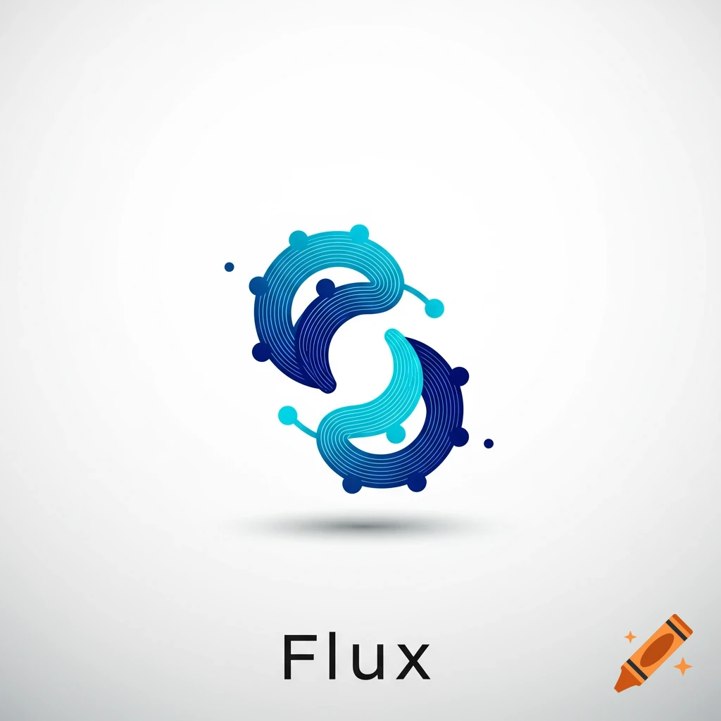 Abstract logo design in blue and light blue with swirling shapes above the word "Flux".