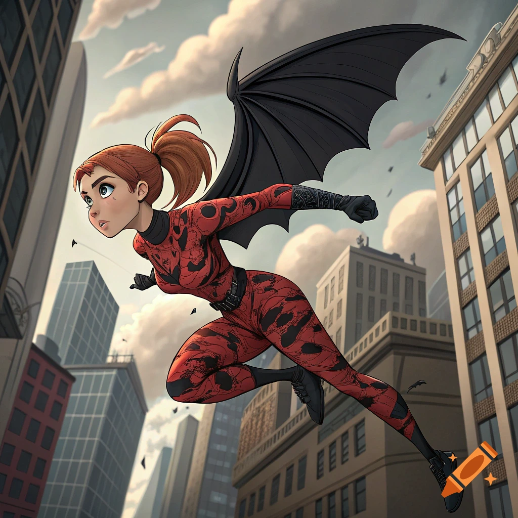 Cartoon-style image of a superhero in a red and black suit with wings flying over a city.